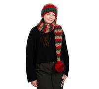 Birendy XXL Beanie AA Mütze, Zipfelmütze inklusive Schal, Pudelmütze, Wintermütze mit großer Fellbommel aus Fellimitat. Extra Lang mit weichem Fleece abgefüttert (Bunt-Rot 115)