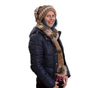 Birendy XXL Beanie AA Mütze, Zipfelmütze inklusive Schal, Pudelmütze, Wintermütze mit großer Fellbommel aus Fellimitat. Extra Lang mit weichem Fleece abgefüttert (Beige gestreift)