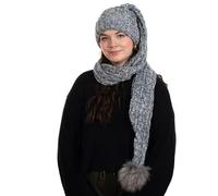 Birendy XXL Beanie AA Mütze, Zipfelmütze inklusive Schal, Pudelmütze, Wintermütze mit großer Fellbommel aus Fellimitat. Extra Lang mit weichem Fleece abgefüttert (Navy Blau 112)