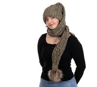 Birendy XXL Beanie AA Mütze, Zipfelmütze inklusive Schal, Pudelmütze, Wintermütze mit großer Fellbommel aus Fellimitat. Extra Lang mit weichem Fleece abgefüttert (Army Grün 111)