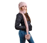 Birendy XXL Beanie AA Mütze, Zipfelmütze inklusive Schal, Pudelmütze, Wintermütze mit großer Fellbommel aus Fellimitat. Extra Lang mit weichem Fleece abgefüttert (Altrosa)