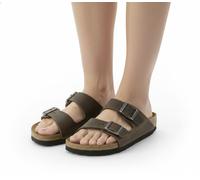 BIRKENSTOCK Arizona Nubukleder-Schlappen Damen und Herren Pantoletten Haus-Schuhe Made in Germany schmale Breite 1027039 Khaki 41