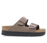 Birkenstock Birko-Flor Damensandalen mit Obermaterial aus EVA, Keilabsatz 25 mm hoch, Modell Arizona Papillio, anatomisches Fußbett Made in Germany, verstellbare Riemen mit Metallschnalle, Mocca, 40