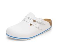 Birkenstock Damen Herren Kay Pro Hausschuhe Leder Pantoletten - Clogs - Zertifiziert nach Norm EN ISO 20347:2022 - Berufsschuhe für Medizin, Gastronomie und Service - Weiß - 38 Schmal