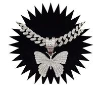 BISONBLUE Halsketten Anhänger Herren Schmuck Damen Kette Männer Frauen Männer Frauen Hip Hop Iced Out Bling Schmetterling Anhänger Halskette mit 13mm Hiphop Halsketten Mode Charme Silberfar
