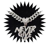 BISONBLUE Halsketten Anhänger Herren Schmuck Damen Kette Männer Frauen Männer Frauen Hip Hop Never GIVE UP Anhänger Halskette 13mm Kristall Hiphop Iced Out Bling Halsketten Mode Charme silb