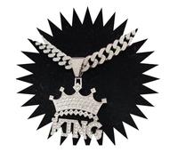 BISONBLUE Halsketten Anhänger Herren Schmuck Damen Kette Männer Frauen Männer Hip Hop Krone mit König Anhänger Halskette mit 13mm Kristall Iced Out Bling Halsketten Mode Charme Silberfarbe