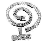 BISONBLUE Halsketten Anhänger Herren Schmuck Damen Kette Männer Frauen Übertriebene Hip-Hop-Halskette mit BOSS-Volldiamant-Buchstabenanhänger, personalisierte Accessoires für Herren, Silber