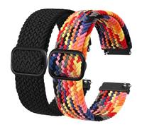 BISONSTRAP 2 Stück Geflochtene Nylon Armband 20mm, Verbesserte Verstellbare Schnalle, Dehnbare Schlaufen Uhrenarmband für Herren und Damen, Schwarz+Regenbogen
