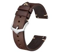 BISONSTRAP Uhrenarmband für Herren, Handgefertigte Stiche Leder Armband, Schnellverschluss, 22mm, Kaffeebraun mit Silberner Schnalle