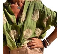 BIUBIULOVE 2024 Neues Baumwoll-Leinen-Lässiges, Besticktes Hemd, Lässige Baumwoll-Leinen-Stickbluse, Vintage-Blusenoberteile Mit Stickerei, Damen-Baumwoll-Leinen-Button-Down-Hemd (Grün,XL)