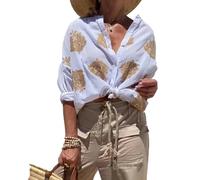 BIUBIULOVE Damen Baumwoll-Leinen-Stickbluse, Lässige Vintage-Blusenoberteile Mit Stickerei, Button-Down-Hemd, Weiß, XL