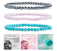 Bivei 3-teiliges 6 mm Perlenarmband Damen - Hämatit, Rosenquarz, Grüner Türkis - Handgefertigter Naturstein Heilsteine Edelstein Perlen Armband, Yoga, Meditation, Schutz Geschenk