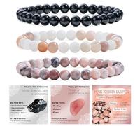 Bivei 3-teiliges 6 mm Perlenarmband Damen - Schwarzer Turmalin, Rosa Aventurin, Pink Zebra Stein - Handgefertigter Naturstein Heilsteine Edelstein Perlen Armband, Yoga, Meditation, Schutz Geschenk