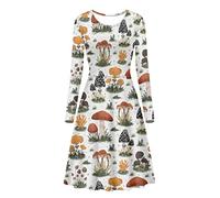 Biyejit Damen 3D-Druck Langarm Casual Flared A Linie Midikleid Plus Size, Waldpilz, L