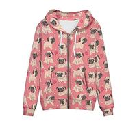 Biyejit Damen Langarm-Kapuzenpullover mit Reißverschluss und Kordelzug und Kapuze, lässiges Oberteil mit Taschen, Cartoon Mops Hund, 48