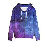 Biyejit Damen Neuheit Print Zip Up Hoodies Langarm Kapuzenpullover Sweatshirt Jacke mit Tasche, Lila Galaxy Space, 38