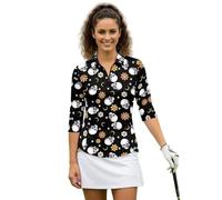 Biyejit Damen-Poloshirt, 3/4-Langarmshirt, Golf, Tennis, 1/4-Reißverschluss, Freizeit, Arbeit, Sport, Activewear Keep Cool S-2XL, totenköpfe, L