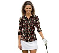 Biyejit Damen-Poloshirt, 3/4-Langarmshirt, Golf, Tennis, 1/4-Reißverschluss, Freizeit, Arbeit, Sport, Activewear Keep Cool S-2XL, Totenkopf Rose, L