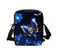 Biyejit Damen- und Herren-Messenger-Taschen Kinder-Umhängetasche mit verstellbarem Riemen Seitentasche Münzgeldbeutel für Handy, Reisepass, blau mit schmetterlingen, Einheitsgröße