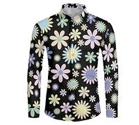 Biyejit Hippie Blumendruck Herren Freizeit Langarm Kleidhemd Kragen Button Down Hemd für Strand Freizeit Hochzeitsfeier Urlaubsreise
