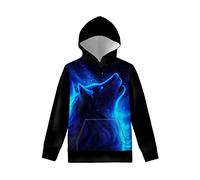 Biyejit Jungen Mädchen Fleece Hoodies Plüsch Pullover Hoodie Casual Kapuzenpullover Sweatshirts mit Tasche für Alter 6-16 Kinder, Galaxy Wolf Blau, 11 - 13 Jahre