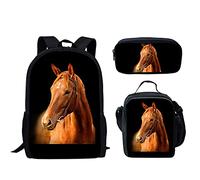 Biyejit Kinder-Rucksack für Teenager, Mädchen, Jungen, Schultasche, Schultasche, Büchertasche, Lunchbox, Federmäppchen, 3-in-1, pferd, Einheitsgröße
