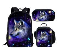 Biyejit Kinder Rucksack Kinder Schulranzen Set mit Lunchbox Federmäppchen 3-teilig für Jungen Mädchen Gr. Einheitsgröße, Galaxy Wolf