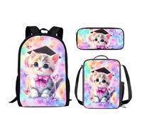 Biyejit Kinder-Schulrucksack-Set mit Lunch-Behälter, Federmäppchen für Jungen und Mädchen, 3-teilig, Smart Cat, Einheitsgröße