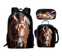 Biyejit Kinder-Schulrucksack-Set mit Lunch-Behälter, Federmäppchen für Jungen und Mädchen, 3-teilig, pferd, Einheitsgröße