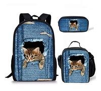 Biyejit Kinder-Schulrucksack-Set mit Lunch-Behälter, Federmäppchen für Jungen und Mädchen, 3-teilig, Niedliche Denim-Katze, Einheitsgröße