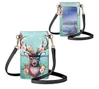 Biyejit Kleine Crossbody Handytasche für Frauen Handy Schultertaschen Kartenhalter Brieftasche Geldbörse Touchscreen Tasche, Blumen-Hirsch