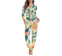 Biyejit Schlafanzug mit Frosch-Motiv, langärmelig, für Damen, Rundhalsausschnitt, gemütliche Loungewear mit Taschen, für Pyjama-Party, Zuhause, 2 Stück, XS-6XL, frosch, L
