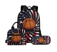Biyejit Schulranzen-Set 3-in-1 Kinder Rucksack Lunchtasche und Federmäppchen Große Kapazität Büchertaschen 17 Zoll, Baketball-Muster, Einheitsgröße, Schulranzen-Set