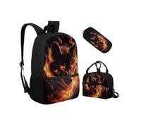 Biyejit Schulranzen-Set 3-in-1 Kinder Rucksack Lunchtasche und Federmäppchen Leichte Büchertaschen 17 Zoll, Wolf Fire, Einheitsgröße, Schulranzen-Set