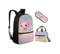 Biyejit Schulranzen-Set 3-in-1 Kinder Rucksack Lunchtasche und Federmäppchen Leichte Büchertaschen 17 Zoll, Axolotl Fischschuppen, Einheitsgröße, Schulranzen-Set