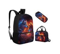 Biyejit Schulranzen-Set 3-in-1 Kinder Rucksack Lunchtasche und Federmäppchen Leichte Büchertaschen 17 Zoll, Feuerwolf, Einheitsgröße, Schulranzen-Set