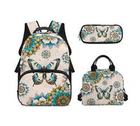 Biyejit Schulrucksack-Set, 3-teilig, 43,2 cm, Rucksack mit Lunchtasche, Federmäppchen, Schüleretui, Boho-Schmetterling, Einheitsgröße, Schulranzen-Set