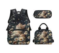 Biyejit Schulrucksack-Set, 3-teilig, 43,2 cm, Rucksack mit Lunchtasche, Federmäppchen, Schüleretui, Katzen-Gänseblümchen, Einheitsgröße, Schulranzen-Set