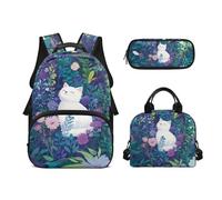 Biyejit Schulrucksack-Set, 3-teilig, 43,2 cm, Rucksack mit Lunchtasche, Federmäppchen, Schüleretui, Katzenblumen, Einheitsgröße, Schulranzen-Set