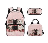 Biyejit Schulrucksack-Set, 3-teilig, 43,2 cm, Rucksack mit Lunchtasche, Federmäppchen, Schüleretui, Katzendesign, Einheitsgröße, Schulranzen-Set
