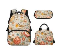 Biyejit Schulrucksack-Set, 3-teilig, 43,2 cm, Rucksack mit Lunchtasche, Federmäppchen, Schüleretui, Vogelwald, Einheitsgröße, Schulranzen-Set