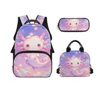 Biyejit Schulrucksack-Set, 3-teilig, Rucksack, Lunchtasche und Federmäppchen, leger, 43,2 cm, Büchertaschen für Teenager, Studenten, Rosa Axolotl, Einheitsgröße, Schulranzen-Set
