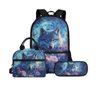 Biyejit Schulrucksack-Set, 3-teilig, Rucksack mit Lunchtasche, Federmäppchen, Büchertaschen, 43,2 cm, Tagesrucksack, Geschenk zum Schulanfang, Wolf 14, Einheitsgröße, Schulranzen-Set