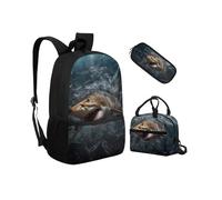 Biyejit Schulrucksack-Set, 3-teilig, Rucksack mit Lunchtasche, Federmäppchen, leichte Büchertaschen, 43,2 cm, Haie, Einheitsgröße, Schulranzen-Set