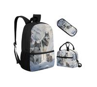 Biyejit Schulrucksack-Set, 3-teilig, Rucksack mit Lunchtasche, Federmäppchen, leichte Büchertaschen, 43,2 cm, Wolf Group, Einheitsgröße, Schulranzen-Set