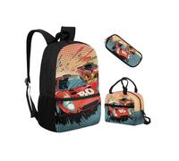 Biyejit Schulrucksack-Set, 3-teilig, Rucksack mit Lunchtasche, Federmäppchen, leichte Büchertaschen, 43,2 cm, Auto, Einheitsgröße, Schulranzen-Set