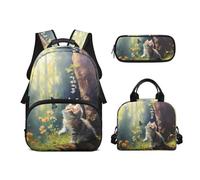 Biyejit Schultaschen-Set mit niedlichem Tiermotiv, 3-teilig, Rucksack, Lunchtasche und Federmäppchen, Kinder-Schultasche, 43,2 cm, Tagesrucksack, Geschenk, katze, Einheitsgröße, Schulranzen-Set