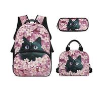 Biyejit Schultaschen-Set mit niedlichem Tiermotiv, 3-teilig, Rucksack, Lunchtasche und Federmäppchen, Kinder-Schultasche, 43,2 cm, Tagesrucksack, Geschenk, Katzen-Kirschblüte, Einheitsgröße