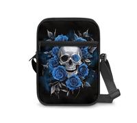 Biyejit Umhängetasche mit Totenkopf-Motiv für Damen und Herren, Crossbody-Tasche mit verstellbarem Riemen, leichte Schultertasche, Blauer Rosen-Totenkopf, Einheitsgröße